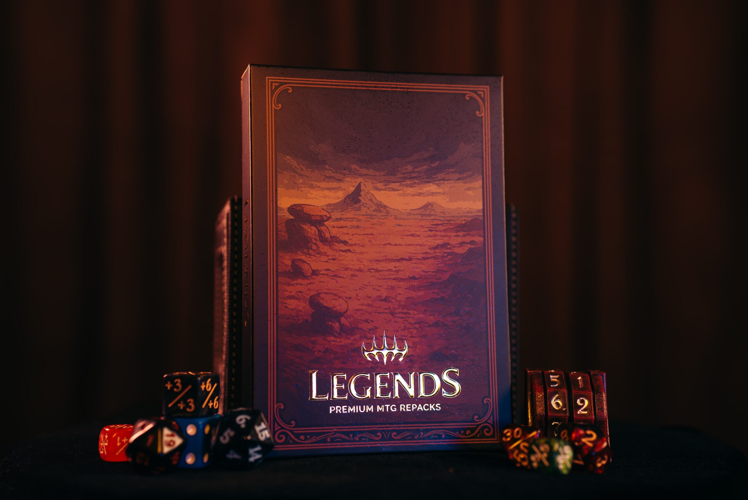 Box of legends MTG repacks with dice and health counter